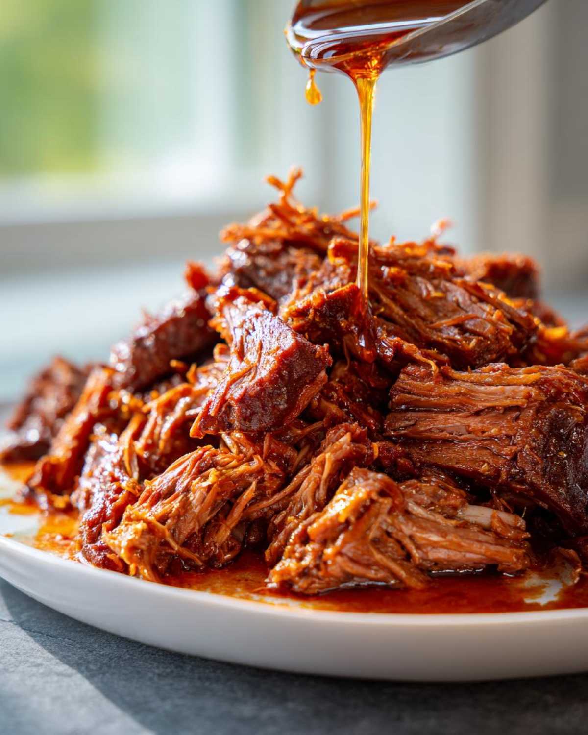 Close-up of shredded Instant Pot Beef Barbacoa on a white plate, with cooking liquid being drizzled over the top from a spoon.