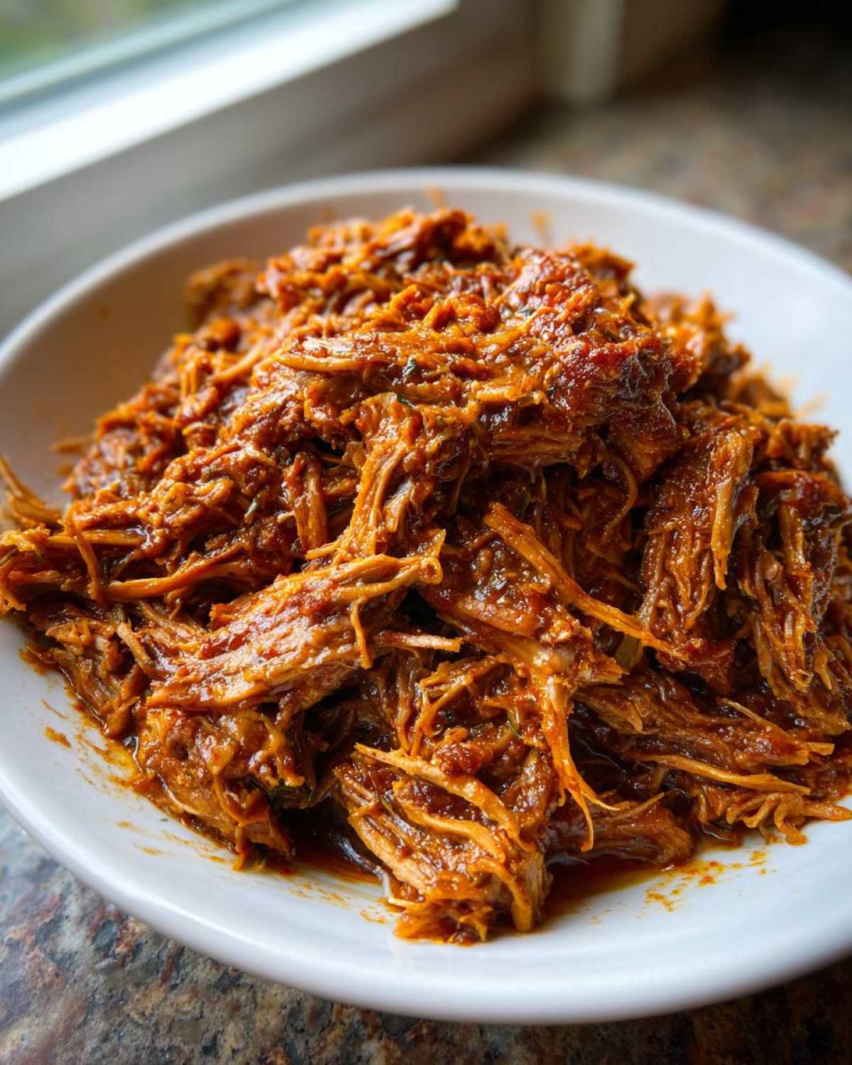 Close-up of richly seasoned, shredded Instant Pot Beef Barbacoa piled high in a white bowl.