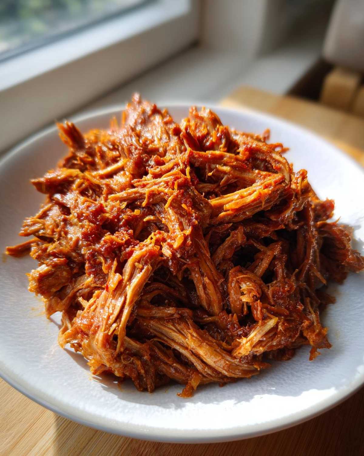 A close-up of shredded, saucy Instant Pot Beef Barbacoa piled high on a white plate.