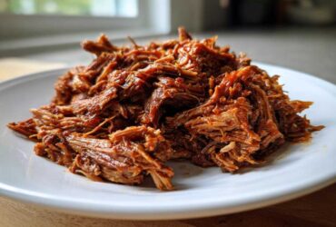 A close-up of shredded, saucy Instant Pot Beef Barbacoa piled high on a white plate.