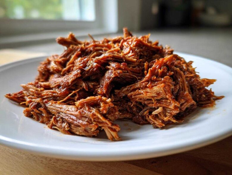 A close-up of shredded, saucy Instant Pot Beef Barbacoa piled high on a white plate.