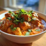 Close-up of creamy, orange Instant Pot Butter Chicken topped with fresh cilantro.