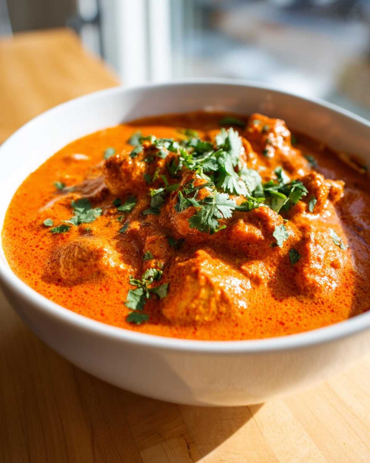 Close-up of vibrant orange Instant Pot Butter Chicken garnished with fresh cilantro in a white bowl.