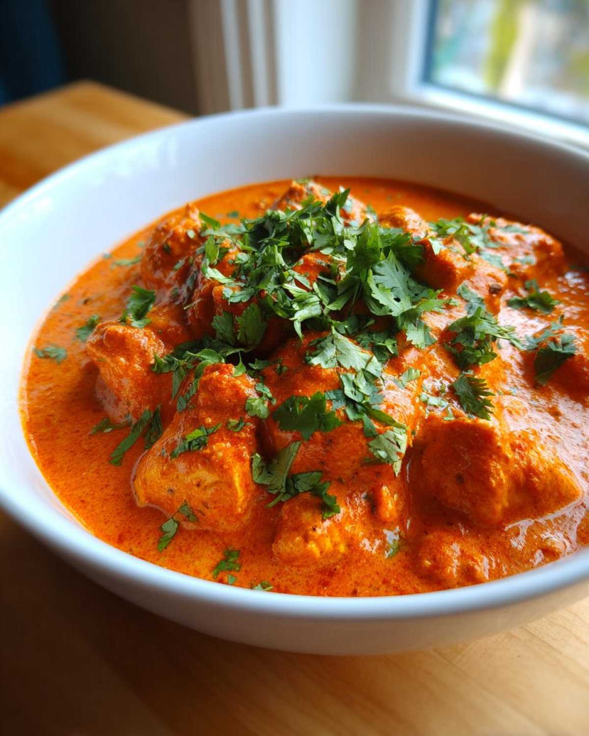 Close-up of creamy, orange Instant Pot Butter Chicken topped generously with fresh chopped cilantro.