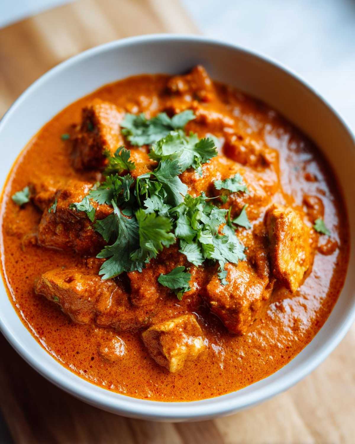 Close-up of tender chicken pieces swimming in a rich, orange sauce of Instant Pot Butter Chicken, garnished with fresh cilantro.