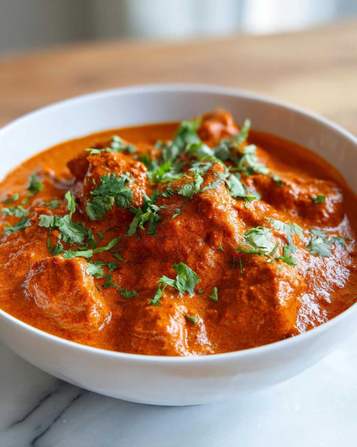 Close-up of creamy, vibrant orange Instant Pot Butter Chicken garnished with fresh cilantro.