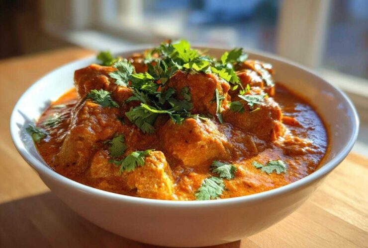 Close-up of creamy, orange Instant Pot Butter Chicken topped with fresh cilantro.