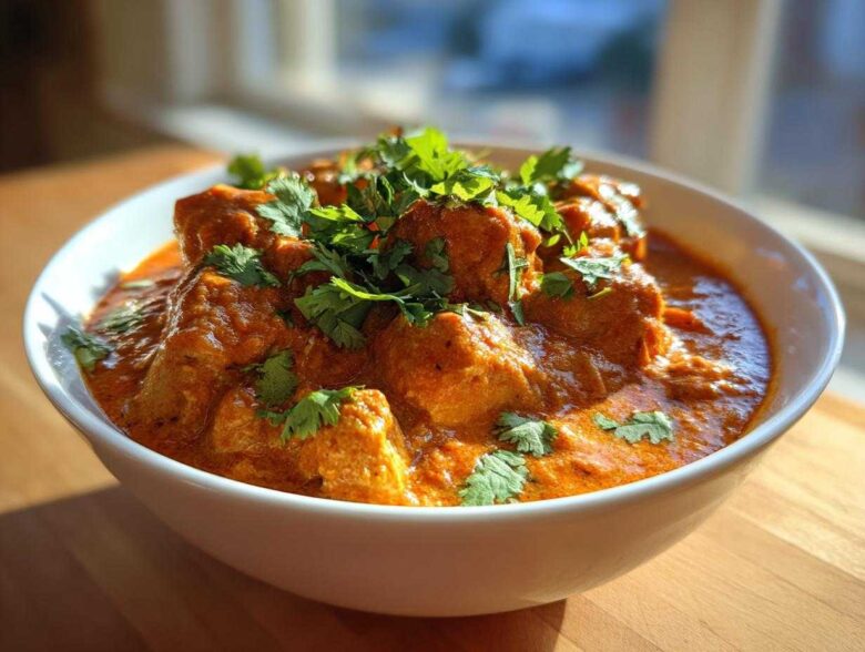Close-up of creamy, orange Instant Pot Butter Chicken topped with fresh cilantro.