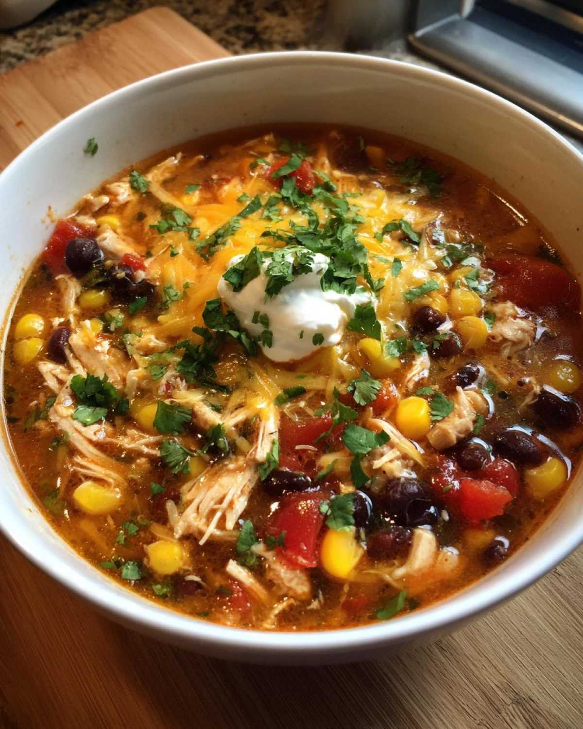 A close-up of a white bowl filled with Instant Pot Chicken Tortilla Soup, topped with cheese, sour cream, and cilantro.