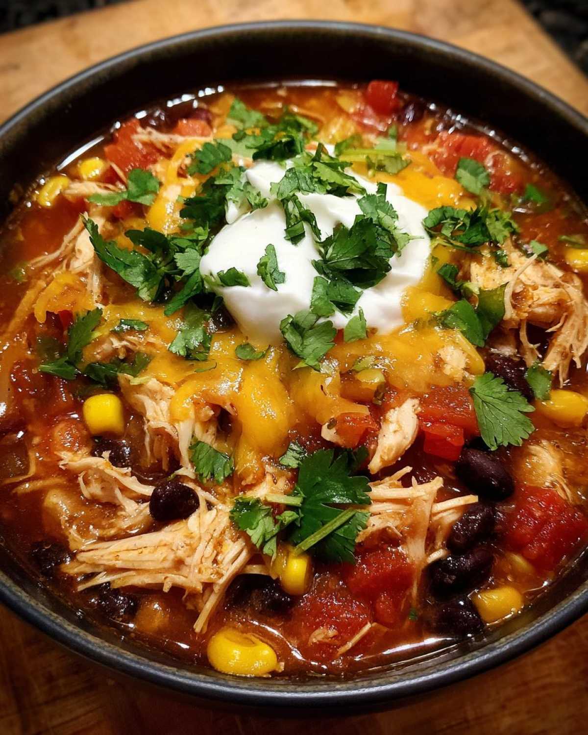 Close-up of a bowl of Instant Pot Chicken Tortilla Soup topped with melted cheese, sour cream, and cilantro.
