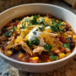 A close-up of a white bowl filled with Instant Pot Chicken Tortilla Soup, topped with shredded cheese, sour cream, and cilantro.