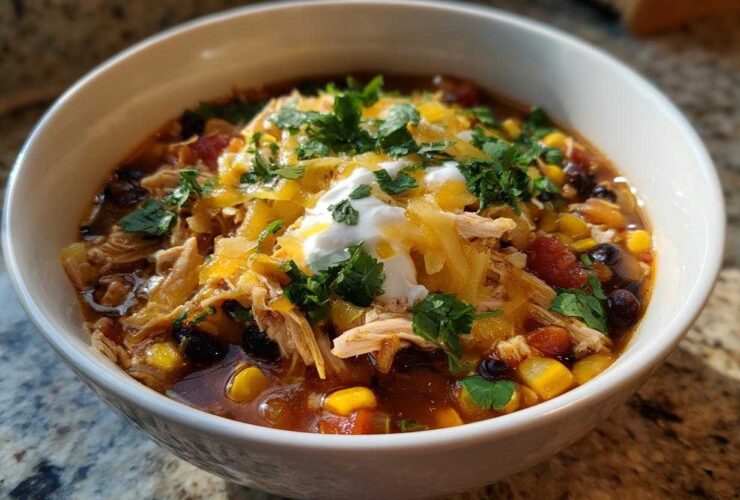 A close-up of a white bowl filled with Instant Pot Chicken Tortilla Soup, topped with shredded cheese, sour cream, and cilantro.