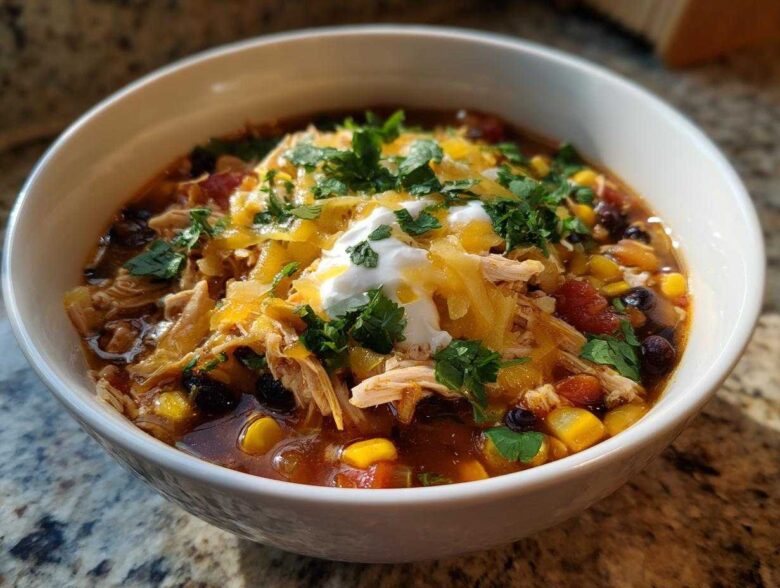 A close-up of a white bowl filled with Instant Pot Chicken Tortilla Soup, topped with shredded cheese, sour cream, and cilantro.