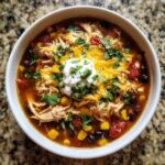 A close-up of a bowl of Instant Pot Chicken Tortilla Soup topped with shredded chicken, cheese, sour cream, and cilantro.