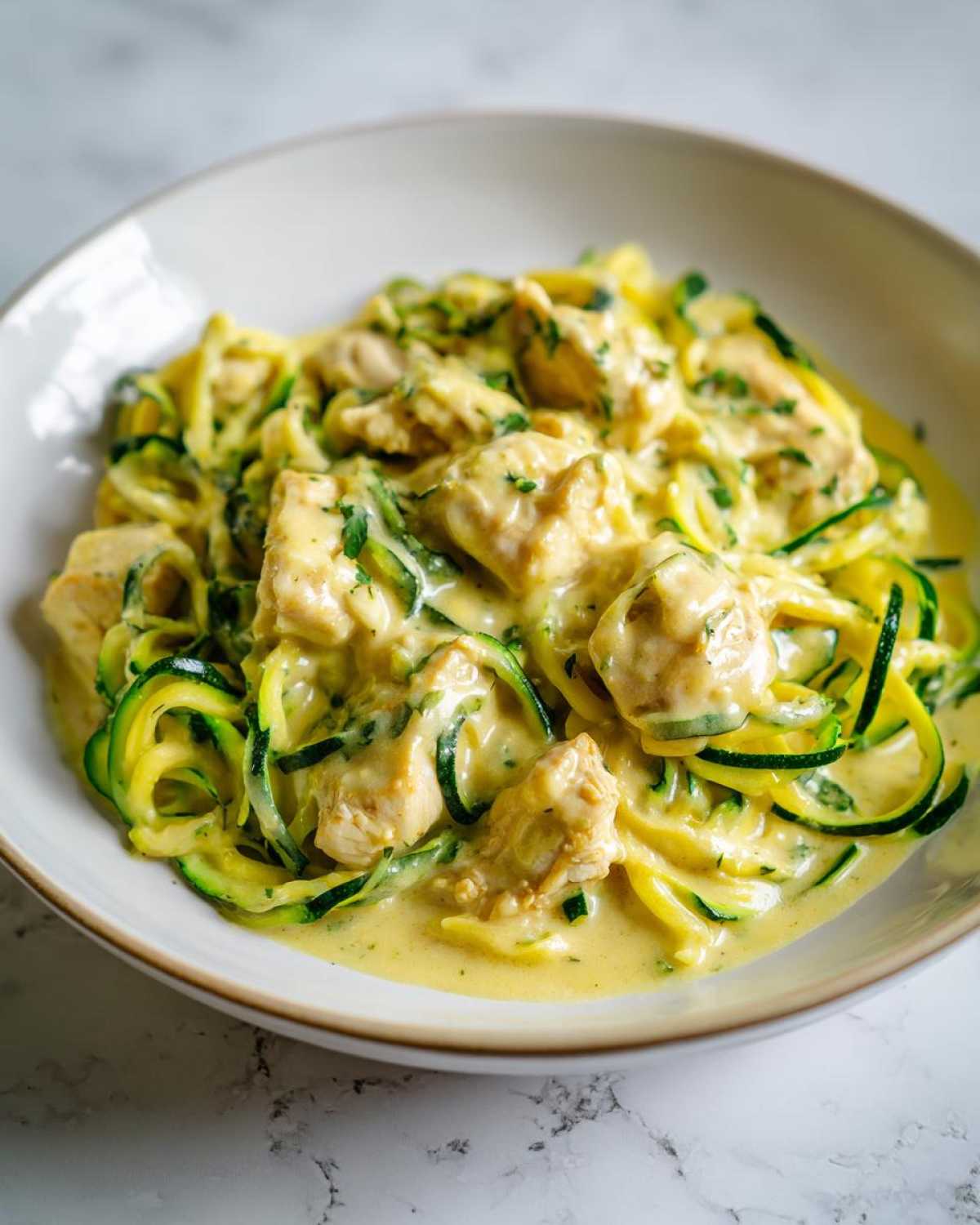 A bowl of creamy Keto Chicken Alfredo served over bright green zucchini noodles (zoodles) and topped with herbs.