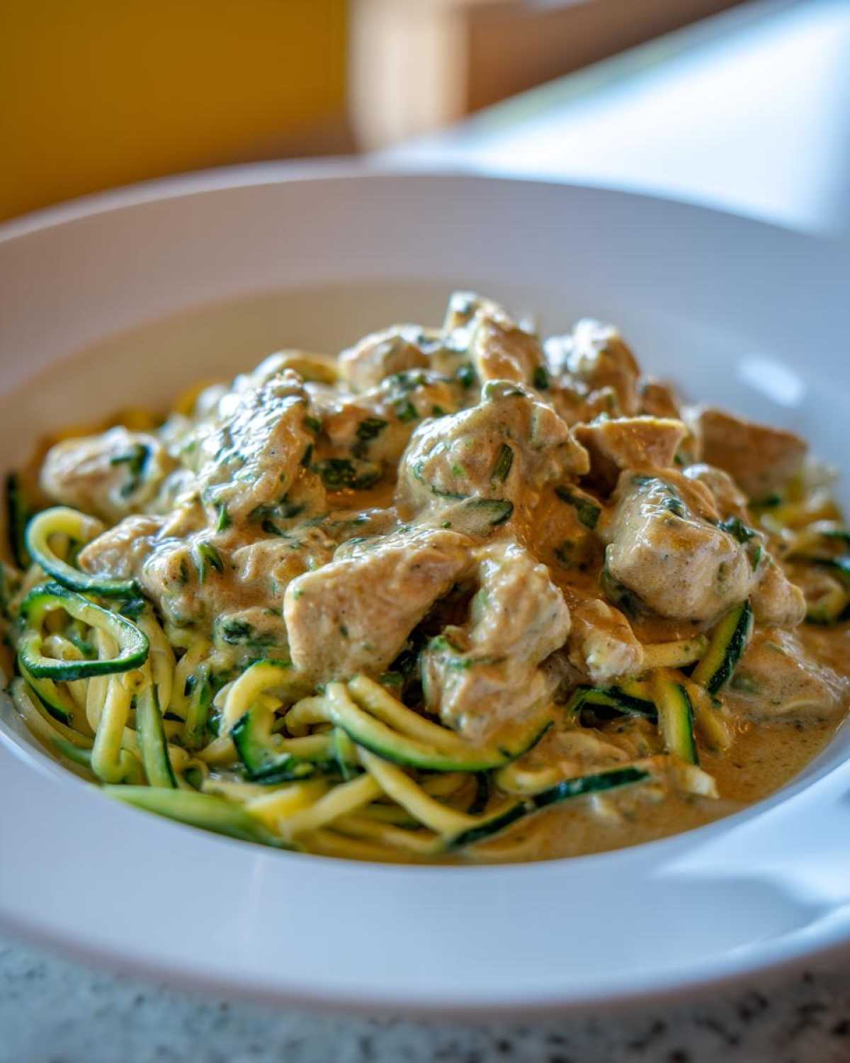 Close-up of Keto Chicken Alfredo featuring chunks of chicken and zucchini noodles tossed in a creamy sauce.