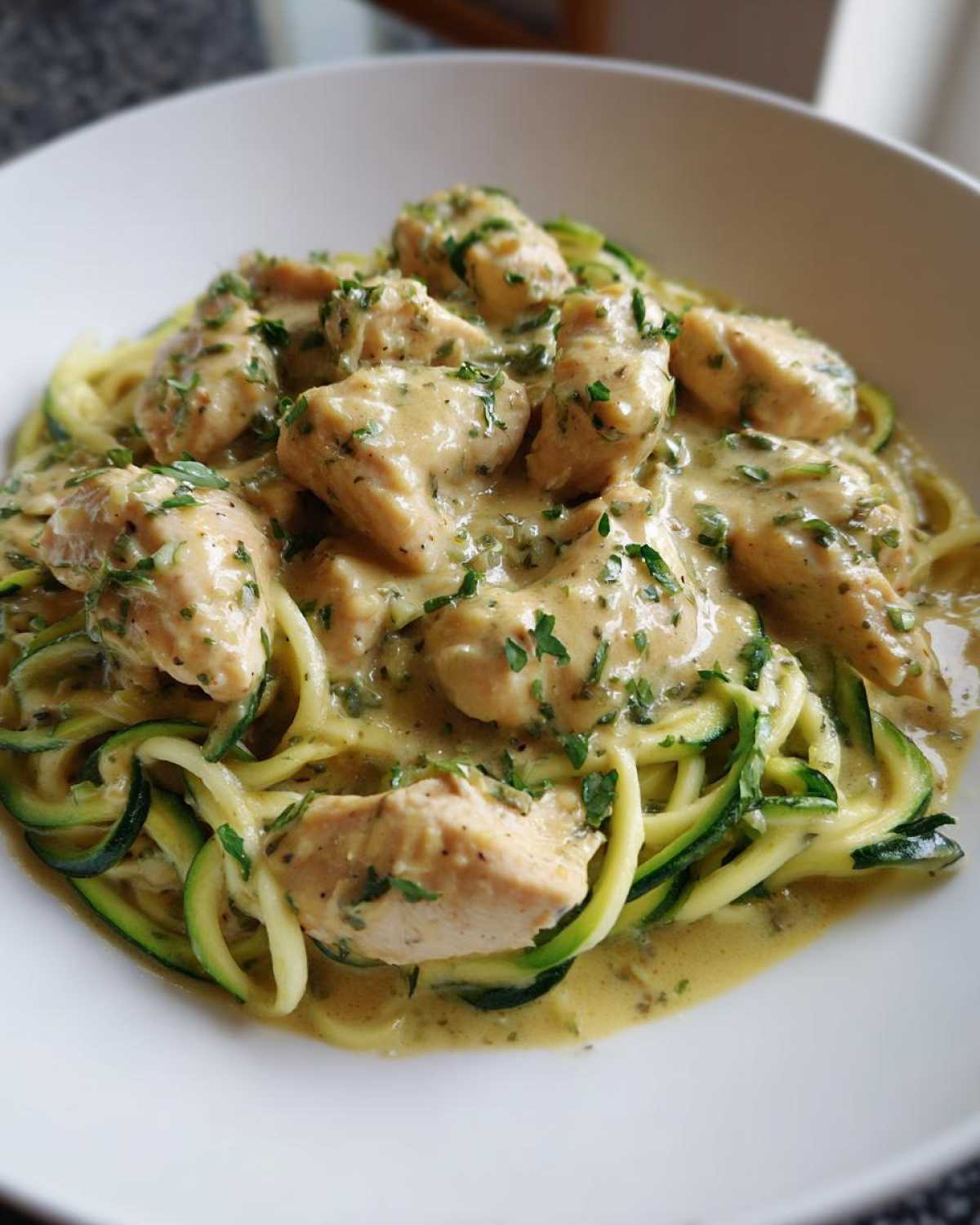 Close-up of Keto Chicken Alfredo featuring chunks of chicken in creamy sauce over zucchini noodles (zoodles).