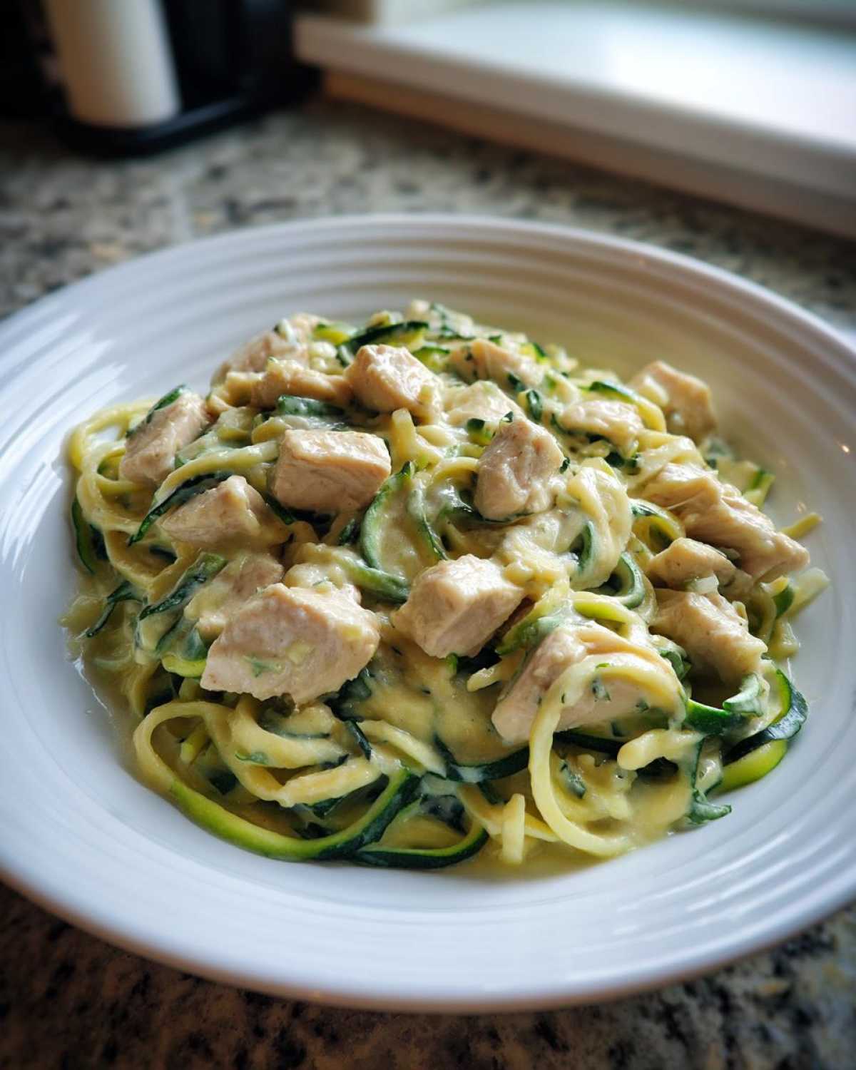 A white bowl filled with Keto Chicken Alfredo featuring chunks of chicken and zucchini noodles coated in creamy sauce.