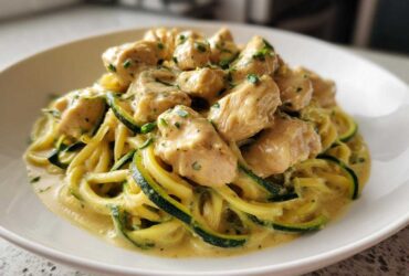 A bowl of Keto Chicken Alfredo featuring chunks of seasoned chicken over zucchini noodles tossed in a creamy sauce.