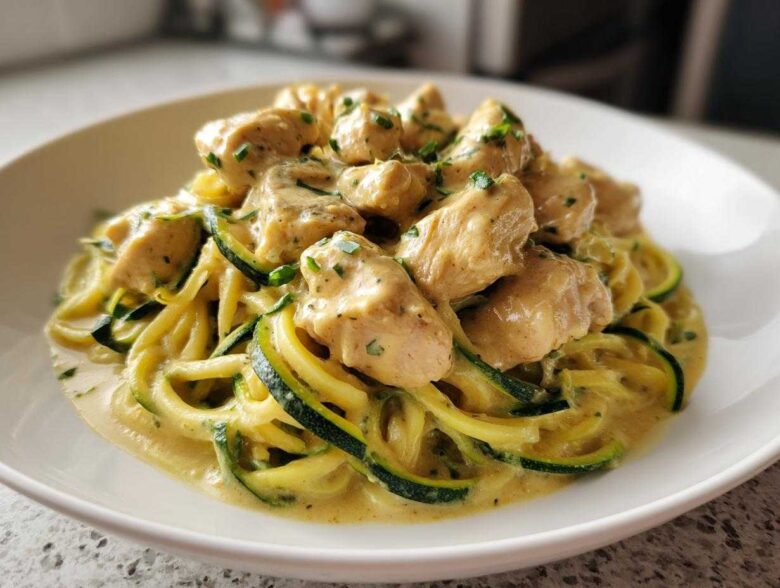 A bowl of Keto Chicken Alfredo featuring chunks of seasoned chicken over zucchini noodles tossed in a creamy sauce.
