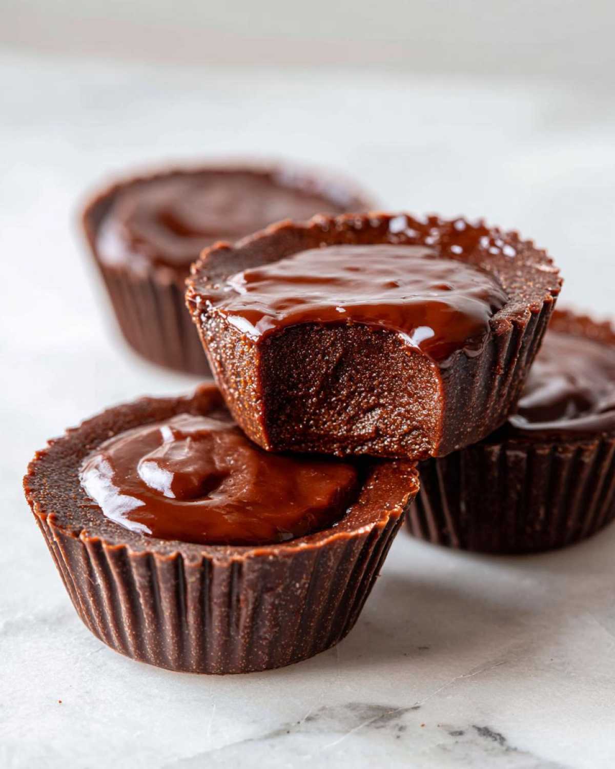 Close-up of stacked Keto Chocolate Peanut Butter Fat Bombs with a gooey chocolate topping.