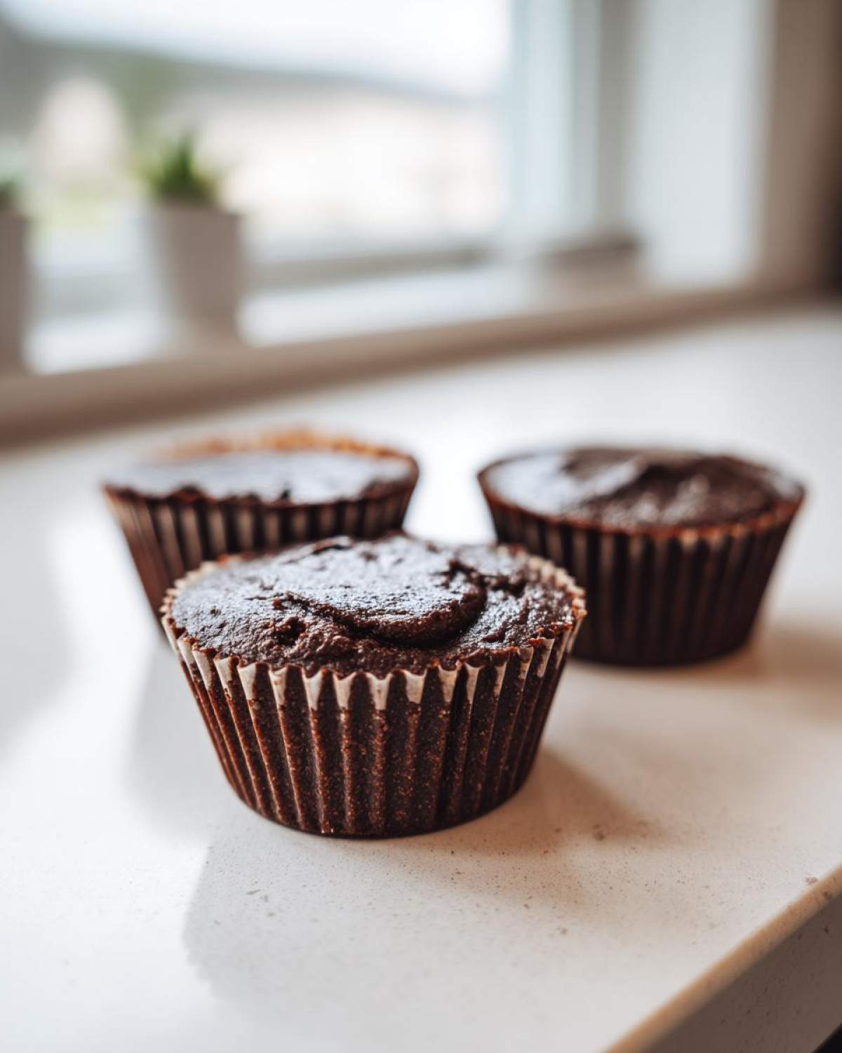 Three dark chocolate Keto Chocolate Peanut Butter Fat Bombs in paper liners on a white countertop.