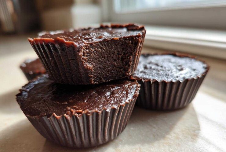 A close-up stack of rich, dark chocolate Keto Chocolate Peanut Butter Fat Bombs in brown paper liners.