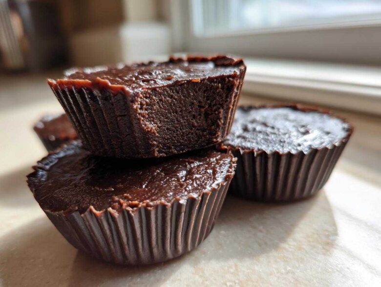 A close-up stack of rich, dark chocolate Keto Chocolate Peanut Butter Fat Bombs in brown paper liners.