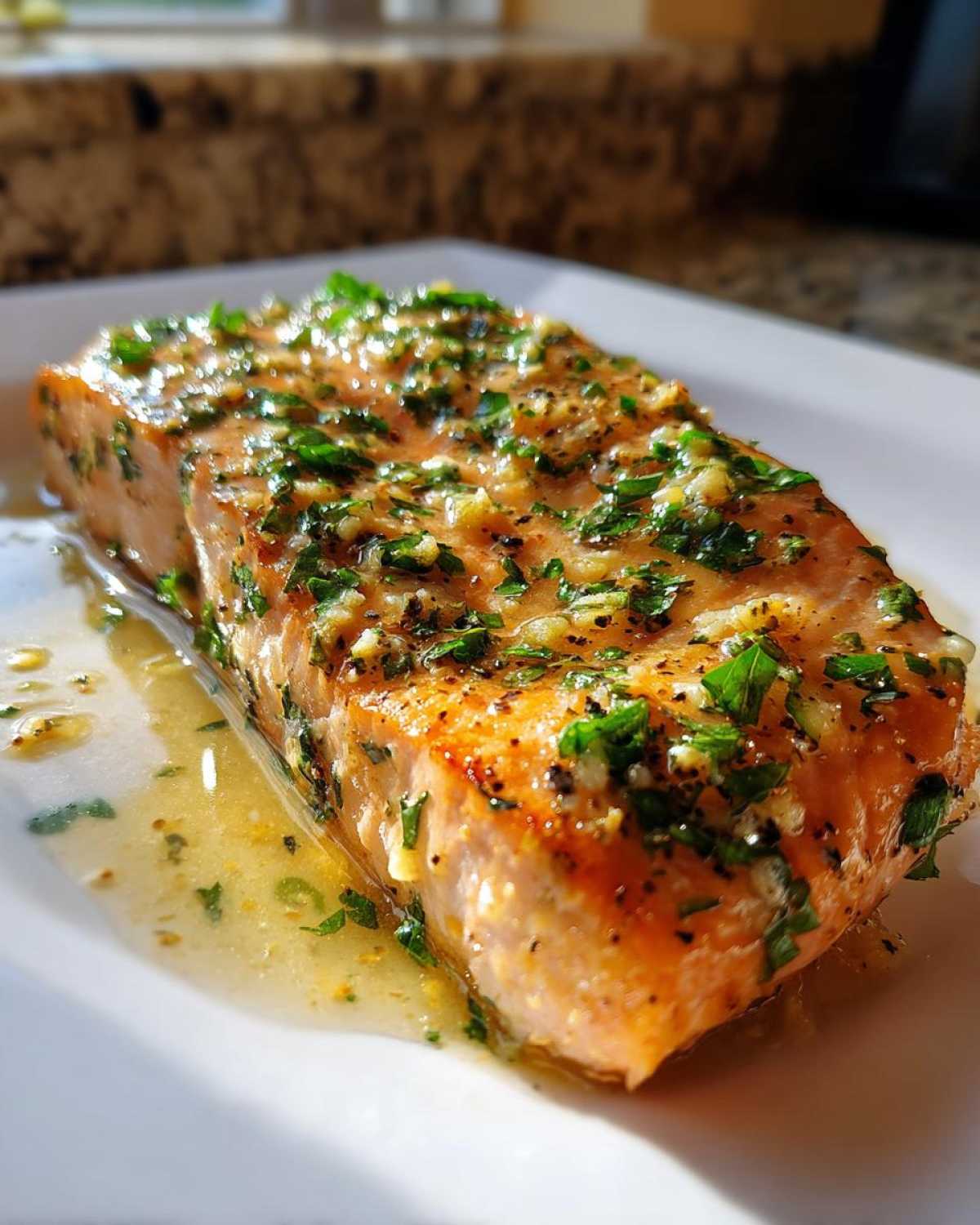 Close-up of a perfectly cooked fillet of Keto Garlic Butter Salmon topped with melted butter, minced garlic, and fresh parsley.