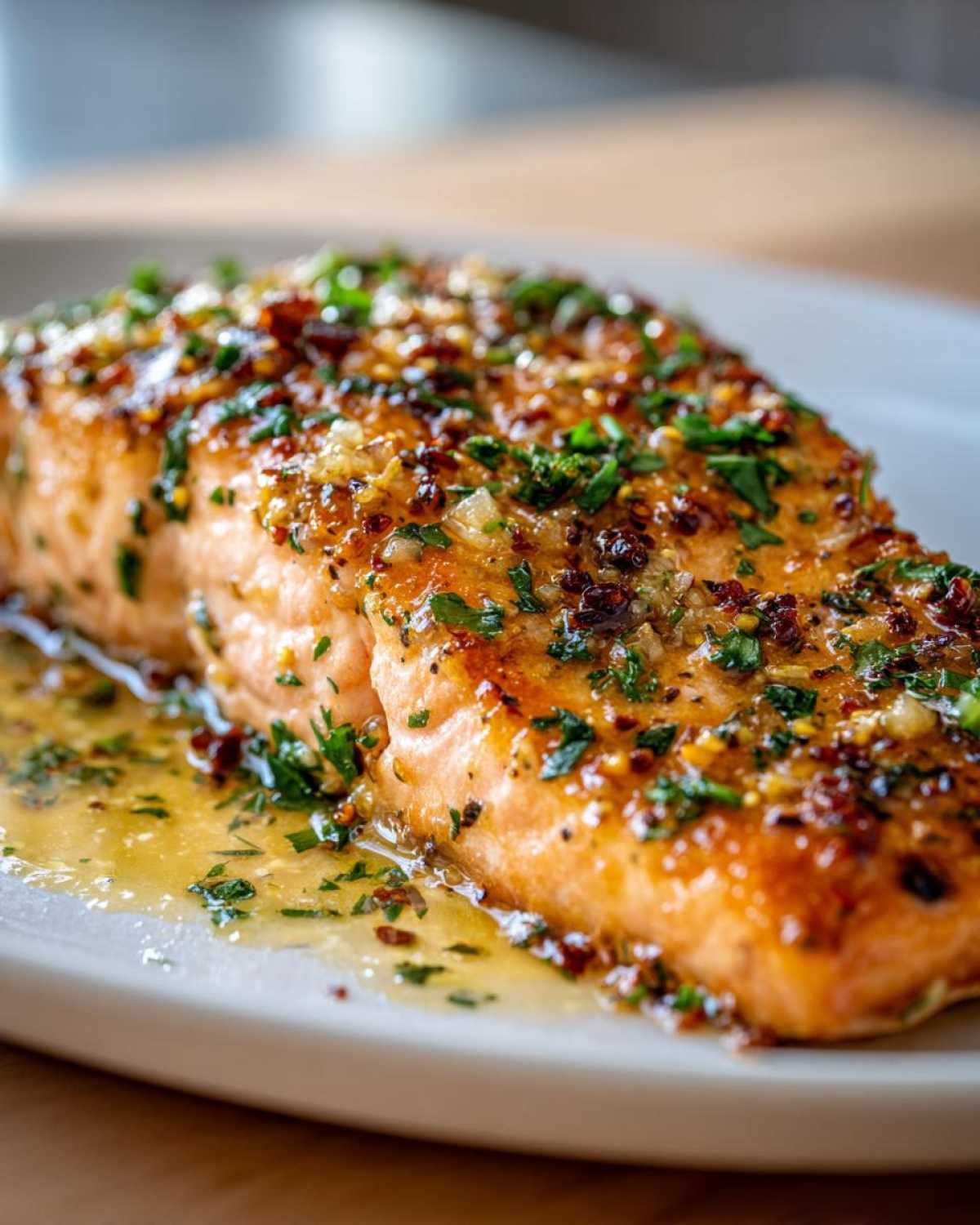 Close-up of a perfectly cooked Keto Garlic Butter Salmon fillet glistening with butter sauce and topped with herbs.