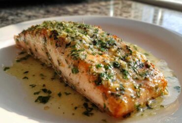 Close-up of a perfectly cooked Keto Garlic Butter Salmon fillet glistening with melted butter and topped with fresh parsley and garlic.