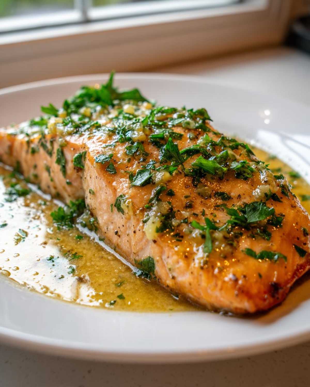 Close-up of a perfectly cooked Keto Garlic Butter Salmon fillet covered in melted butter sauce and fresh parsley.