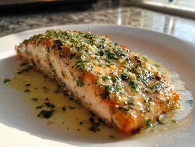 Close-up of a perfectly cooked Keto Garlic Butter Salmon fillet glistening with melted butter and topped with fresh parsley and garlic.