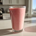A tall glass filled with a pink, frothy Keto Strawberry Cheesecake Smoothie sitting on a bright kitchen counter.