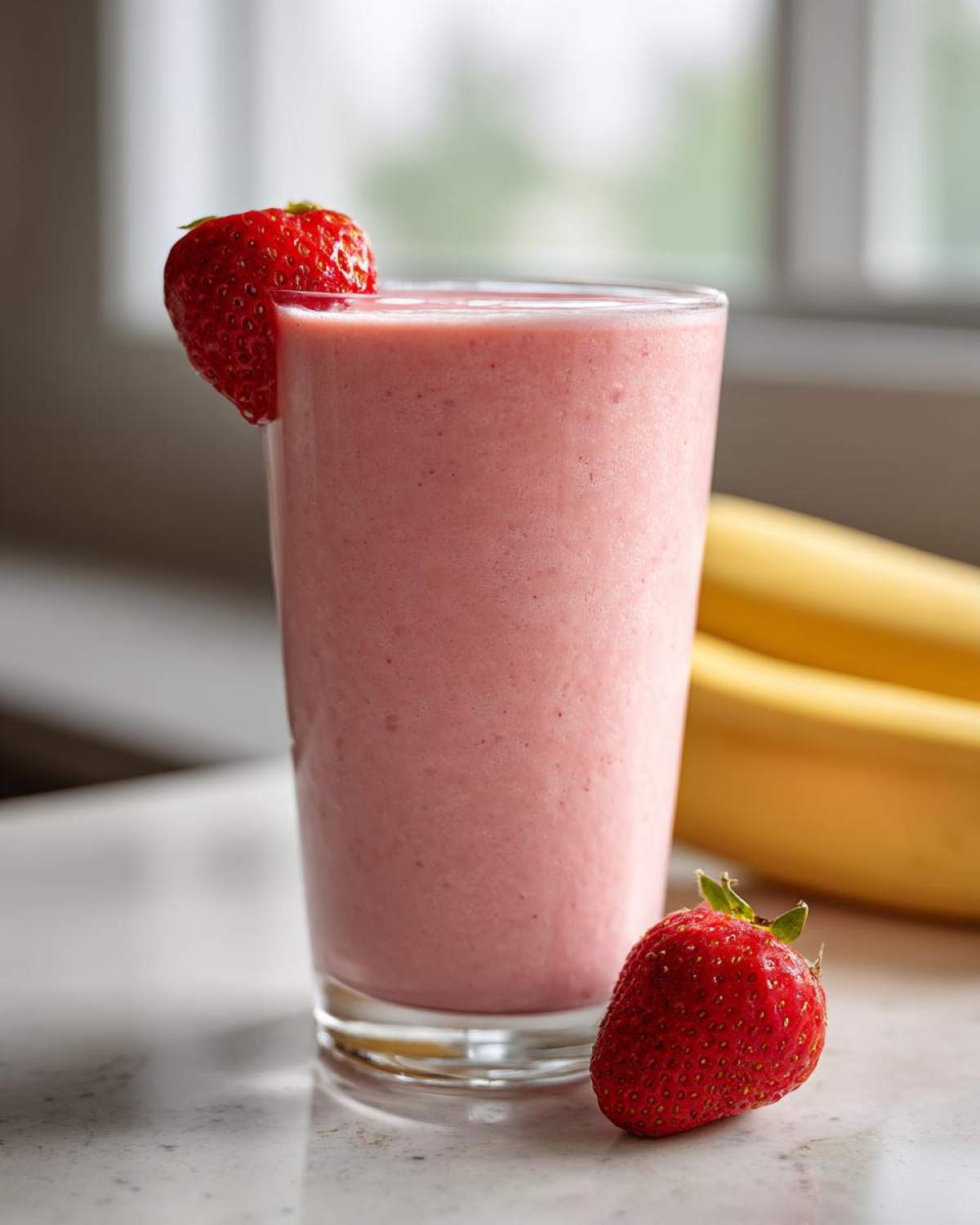 A tall glass filled with a pink Keto Strawberry Cheesecake Smoothie, garnished with a fresh strawberry.