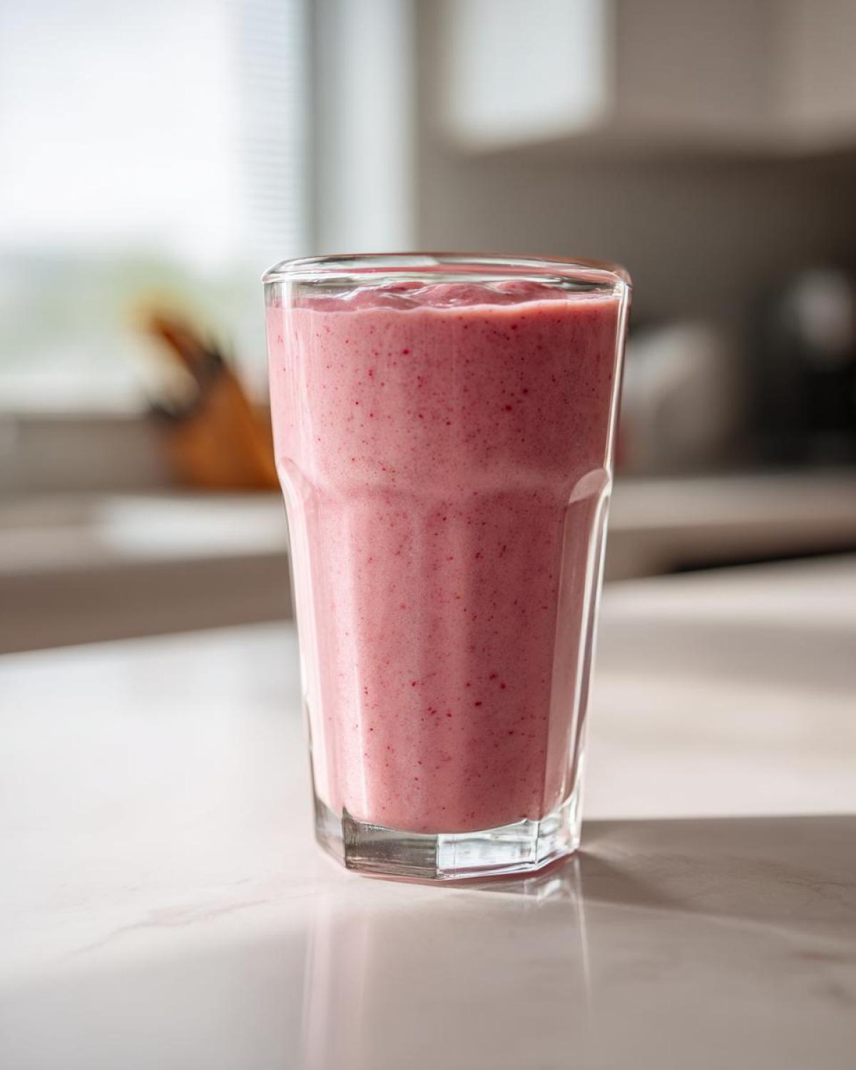 A tall glass filled with a thick, pink Keto Strawberry Cheesecake Smoothie sitting on a white counter.