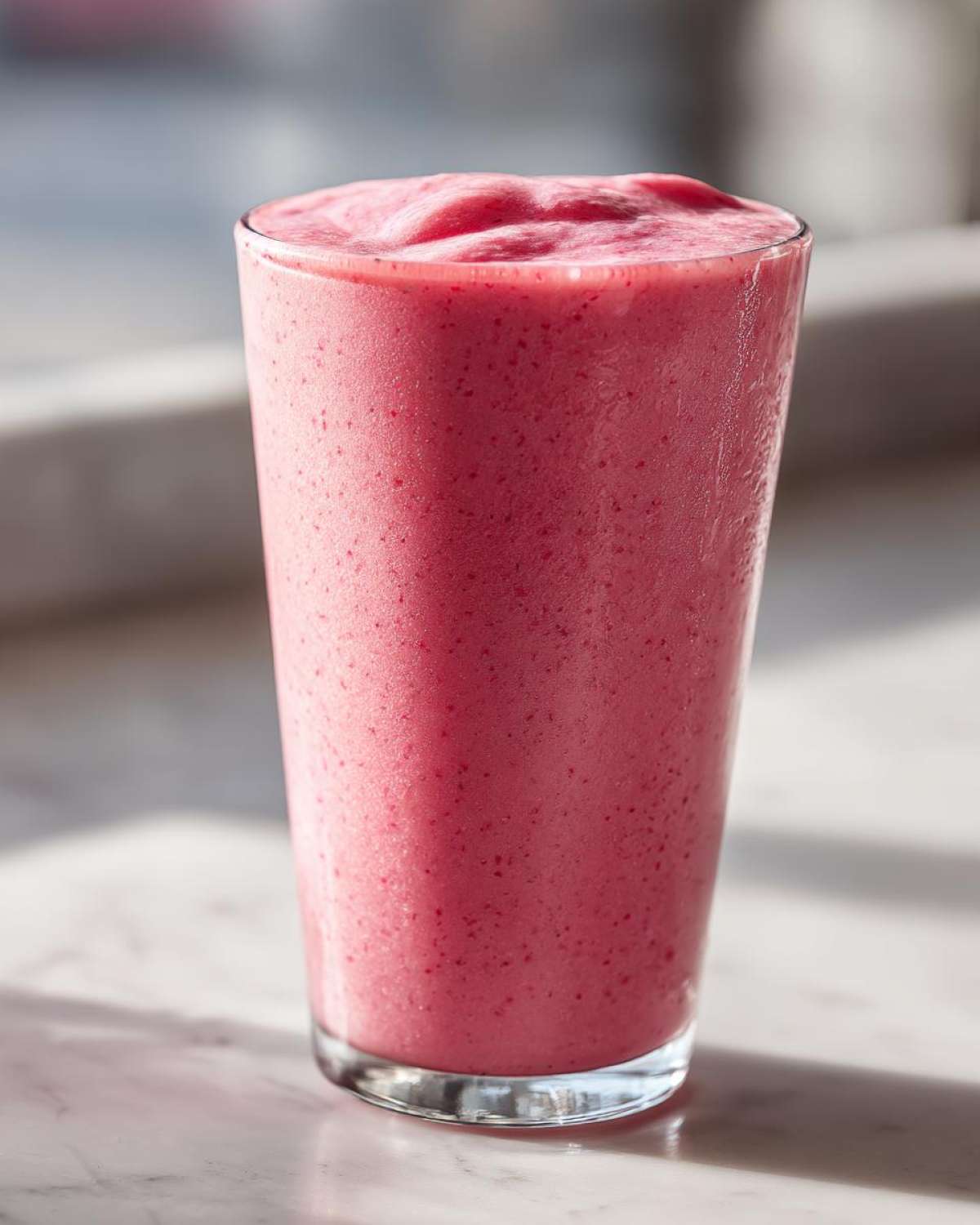 A tall glass filled with a thick, vibrant pink Keto Strawberry Cheesecake Smoothie, sitting on a marble surface.