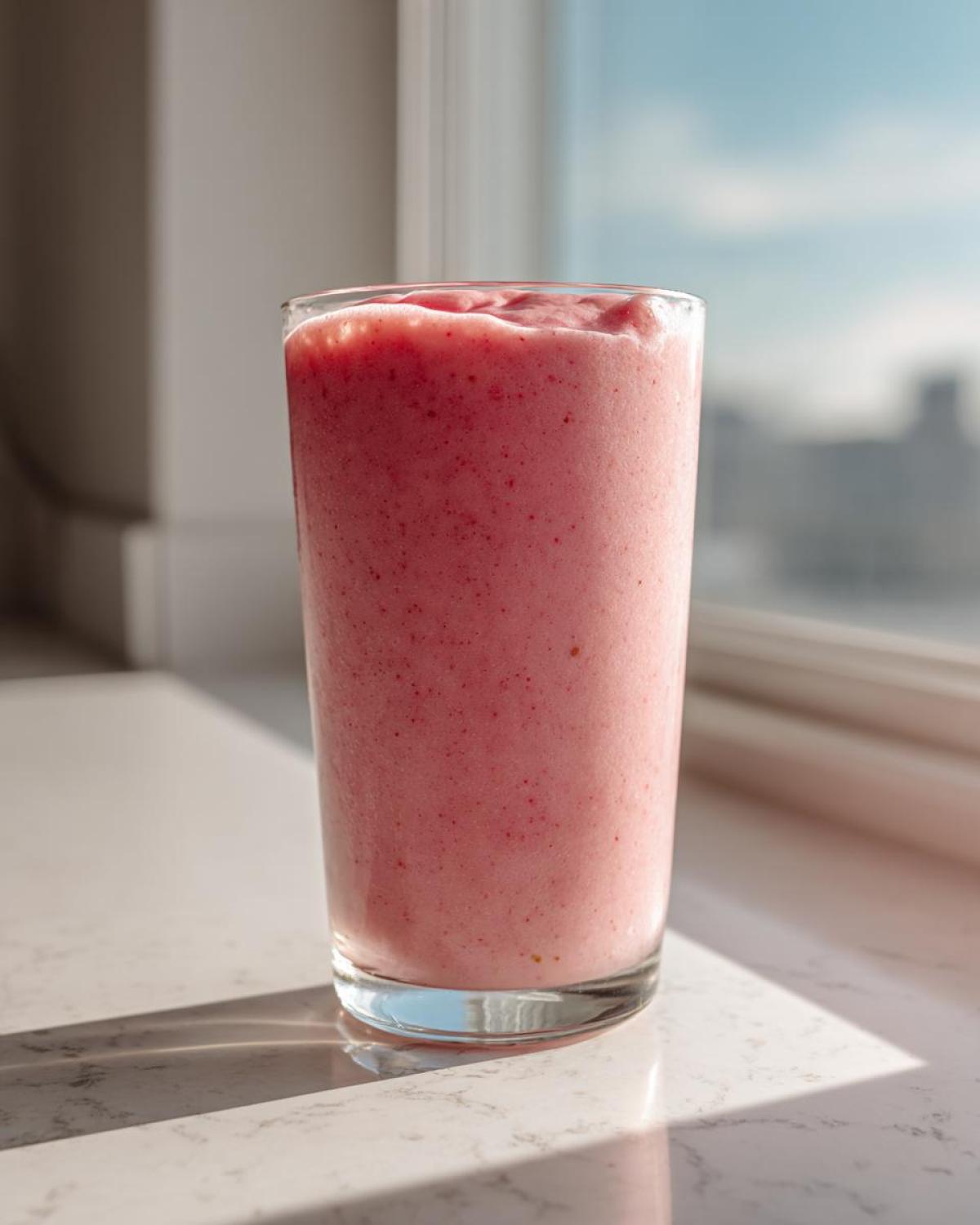 A tall glass filled with a thick, pink Keto Strawberry Cheesecake Smoothie sitting on a white countertop near a window.