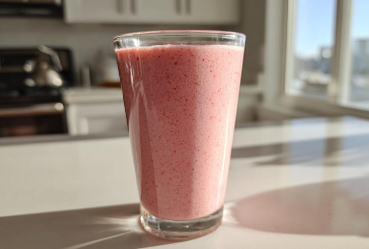 A tall glass filled with a pink, frothy Keto Strawberry Cheesecake Smoothie sitting on a bright kitchen counter.