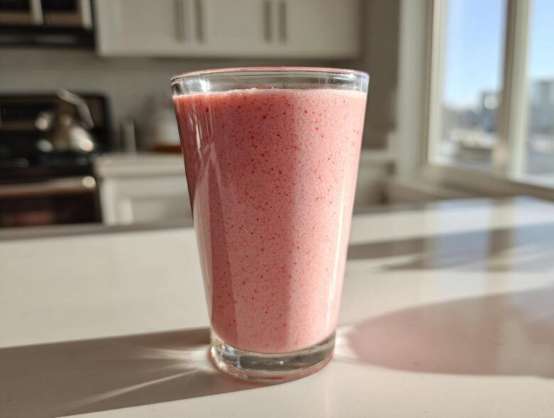 A tall glass filled with a pink, frothy Keto Strawberry Cheesecake Smoothie sitting on a bright kitchen counter.