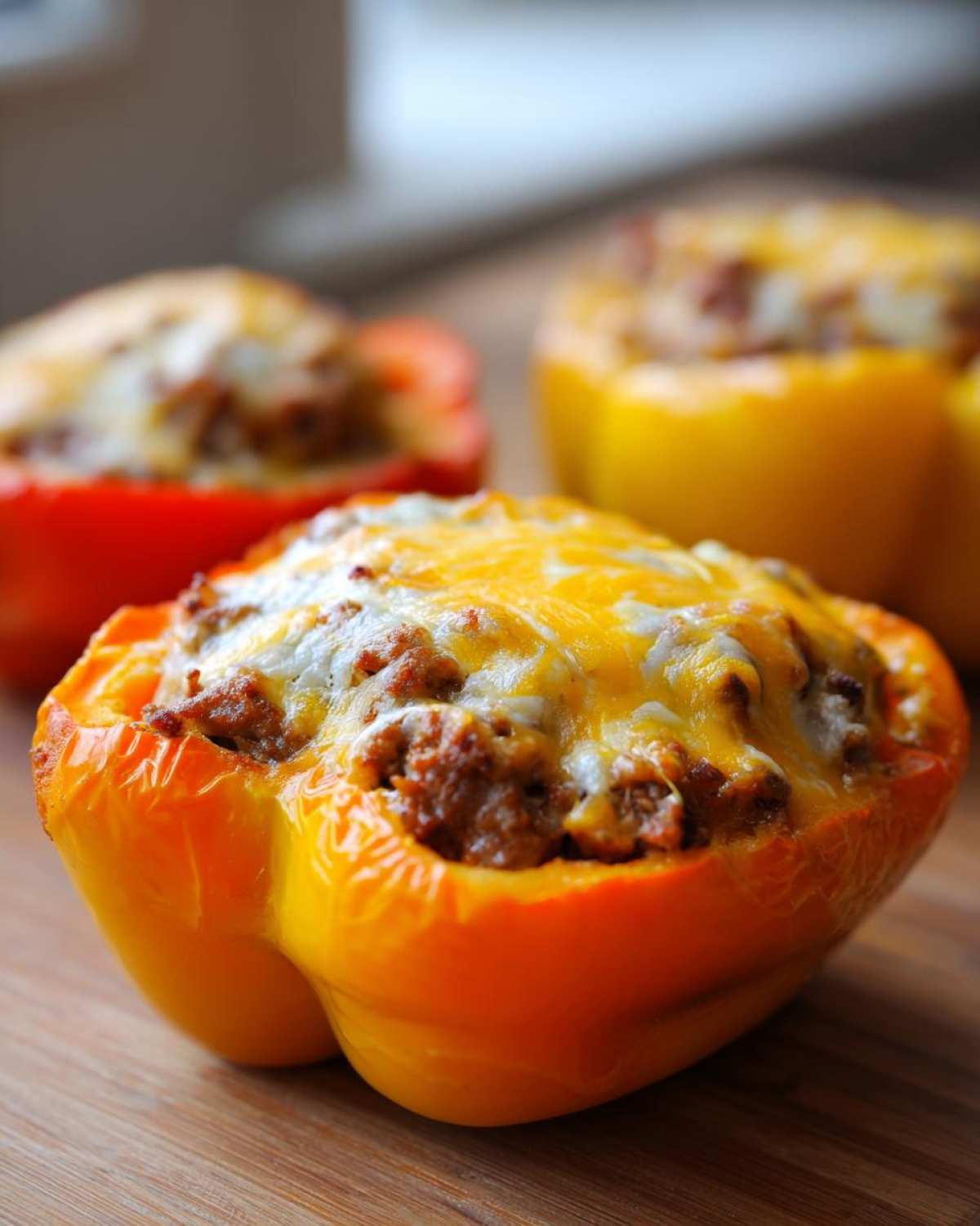 Close-up of a bright orange Keto Taco Stuffed Pepper filled with seasoned meat and topped with melted cheddar cheese.