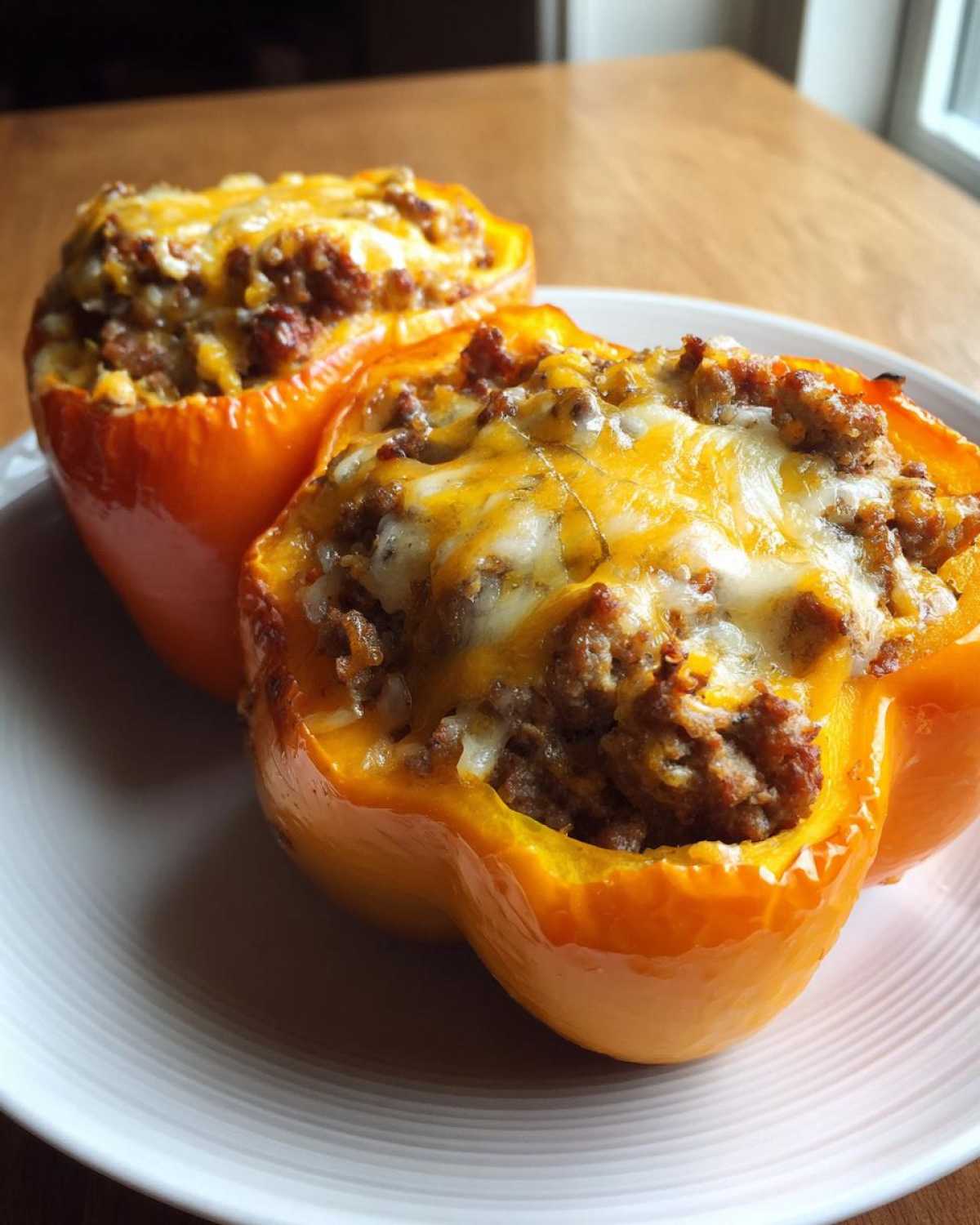 Two halves of orange bell peppers filled with seasoned ground meat and topped with melted cheddar and Monterey Jack cheese, representing Keto Taco Stuffed Peppers.