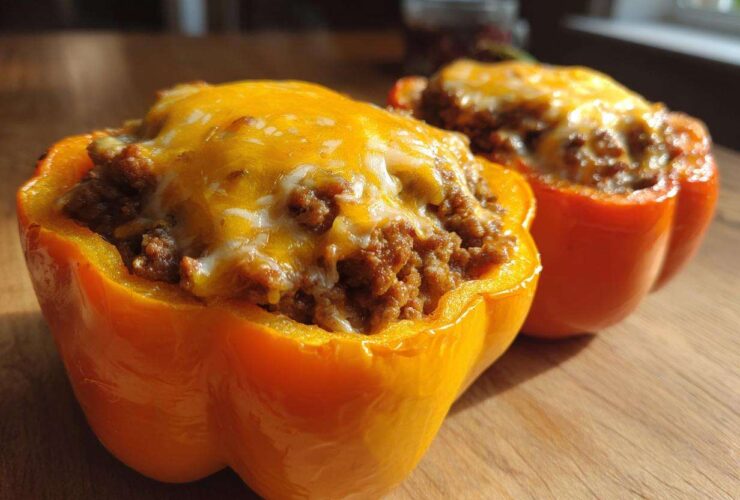 Two halves of bright orange Keto Taco Stuffed Peppers filled with seasoned ground meat and topped with melted cheddar cheese.