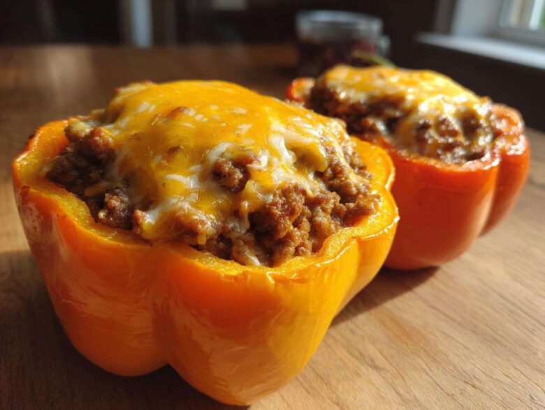 Two halves of bright orange Keto Taco Stuffed Peppers filled with seasoned ground meat and topped with melted cheddar cheese.