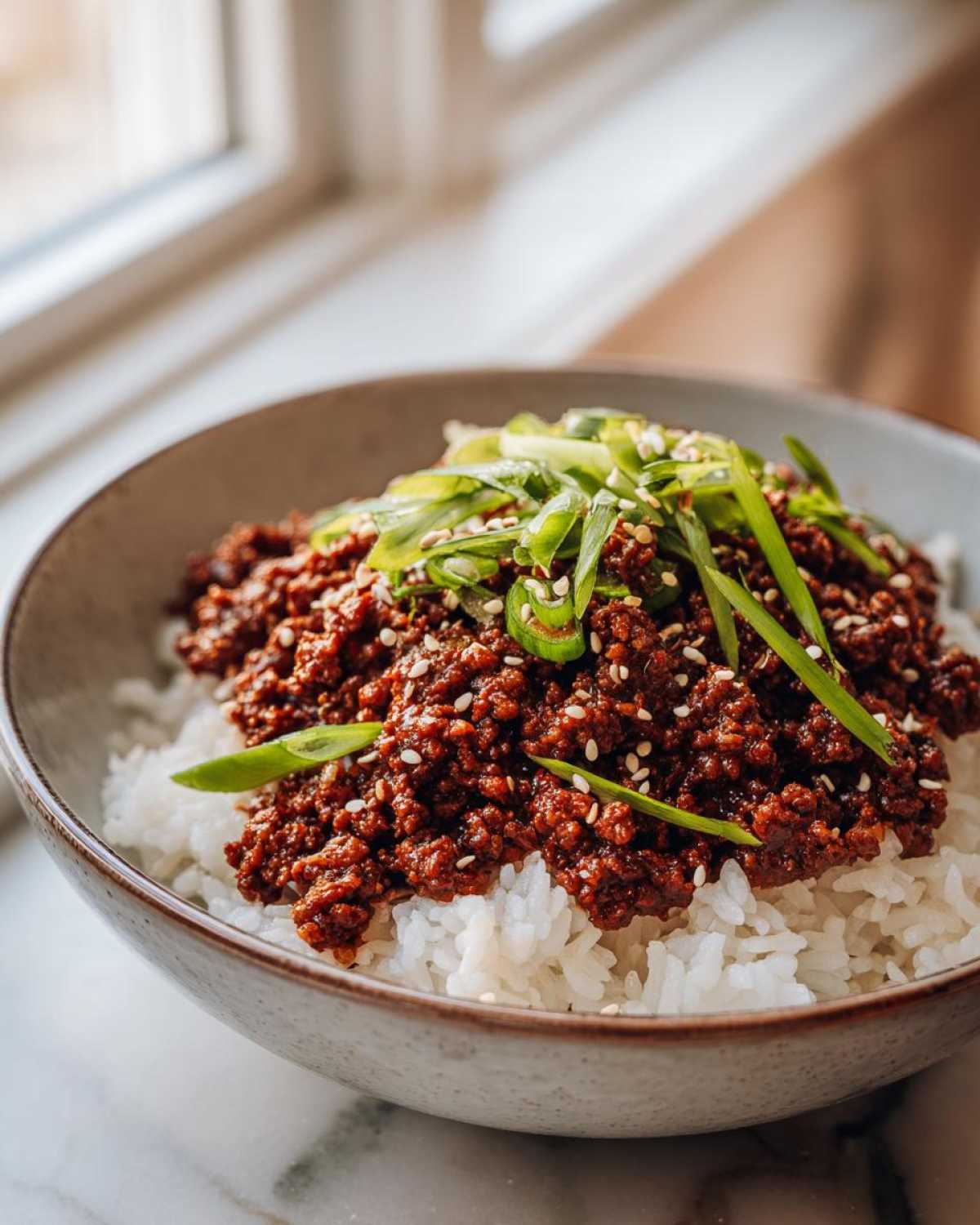 A close-up of a bowl of white rice topped generously with rich, dark Korean Ground Beef Bulgogi, garnished with sliced green onions and sesame seeds.