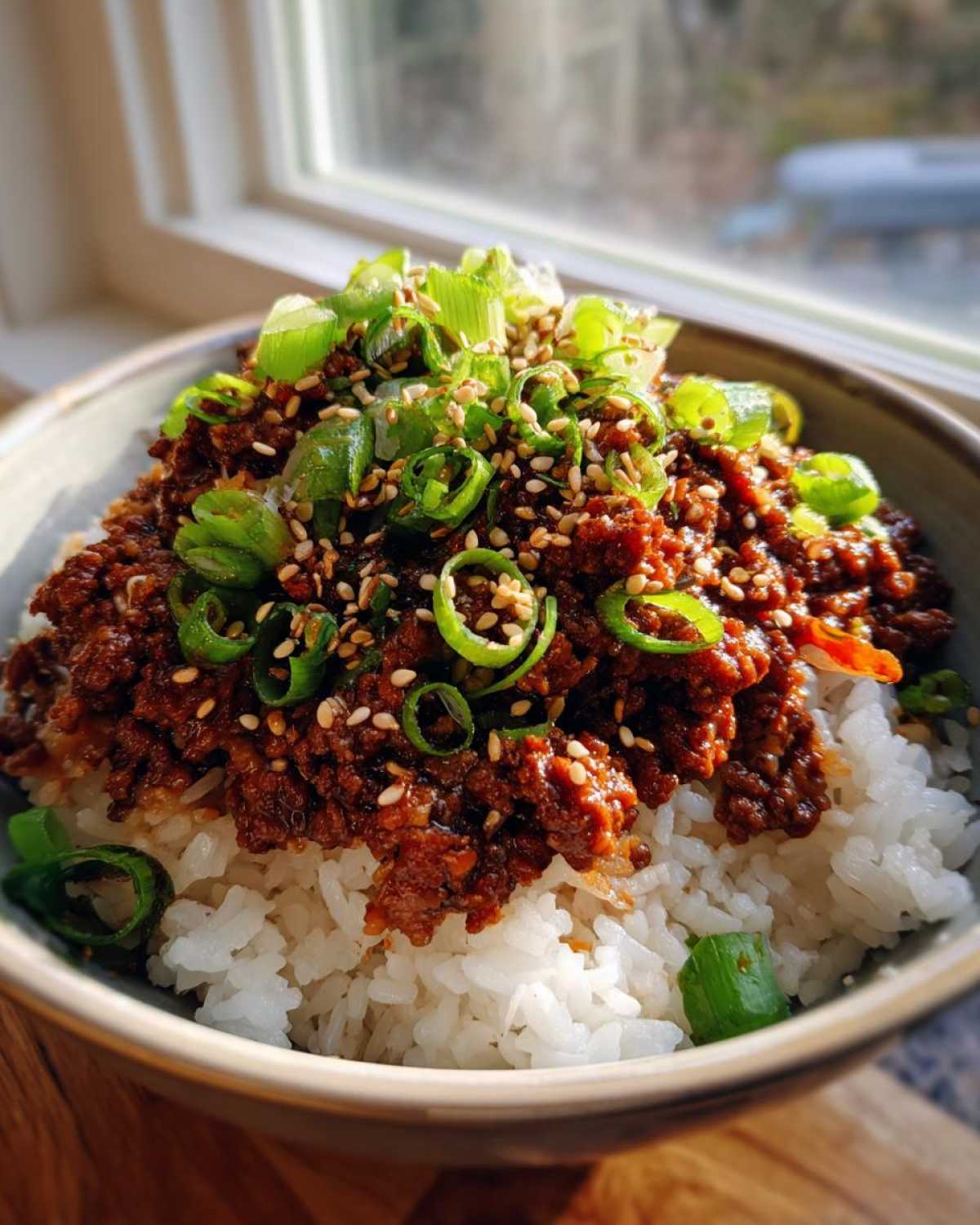 A close-up of Korean Ground Beef Bulgogi Bowls featuring savory ground beef over white rice, topped with green onions and sesame seeds.