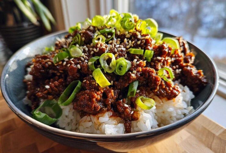 A close-up of Korean Ground Beef Bulgogi Bowls featuring seasoned ground beef over white rice, topped with sesame seeds and sliced green onions.
