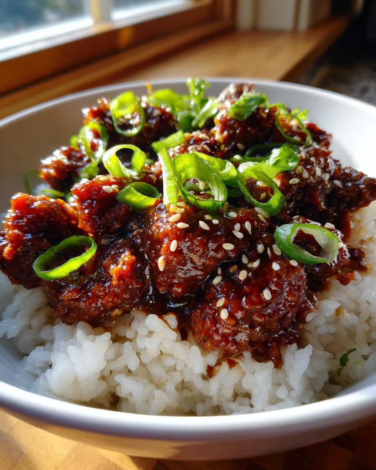 Close-up of Korean Ground Beef Bulgogi Bowls featuring saucy beef over white rice, topped with green onions and sesame seeds.