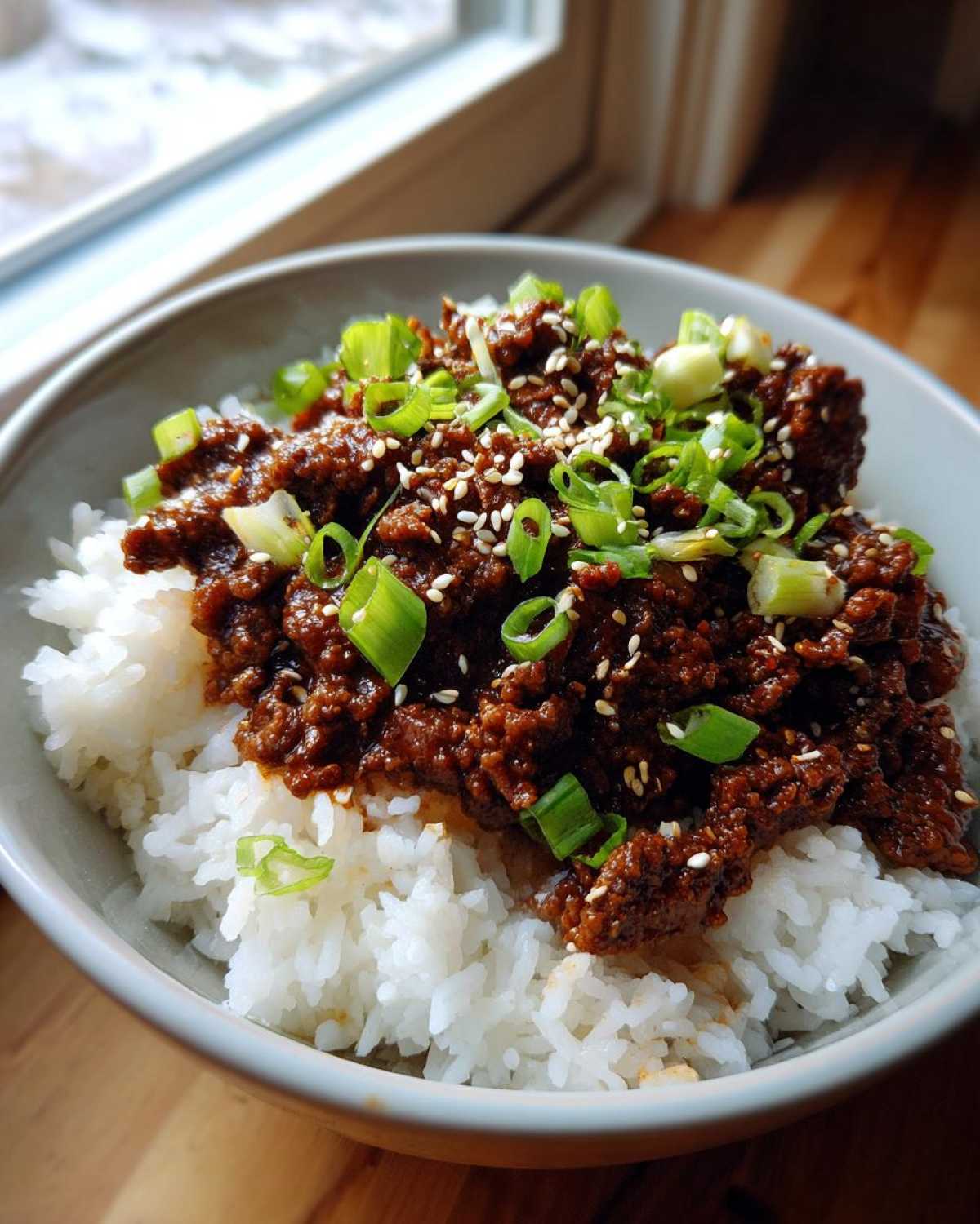 A close-up of Korean Ground Beef Bulgogi Bowls featuring savory ground beef over white rice, topped with green onions and sesame seeds.