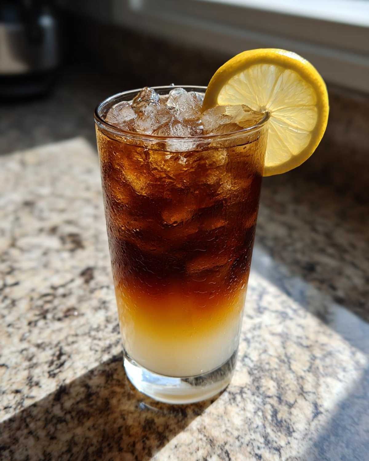 Tall glass showing layered Cold Brew Lemonade with ice, a light bottom layer, and a lemon slice garnish.